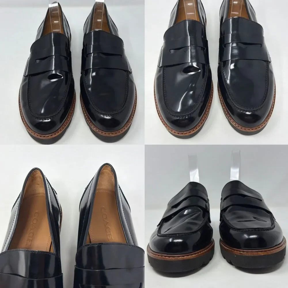 Coach Penny Loafers Womens 10 Black Leather Lug Sole AUTH Made In Spain